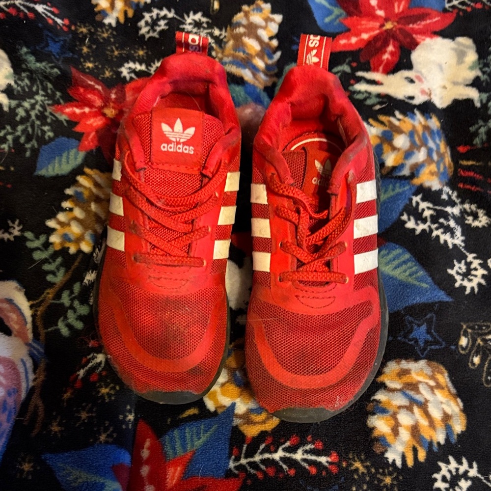 Adidas Kids Red Sneakers with White Stripes